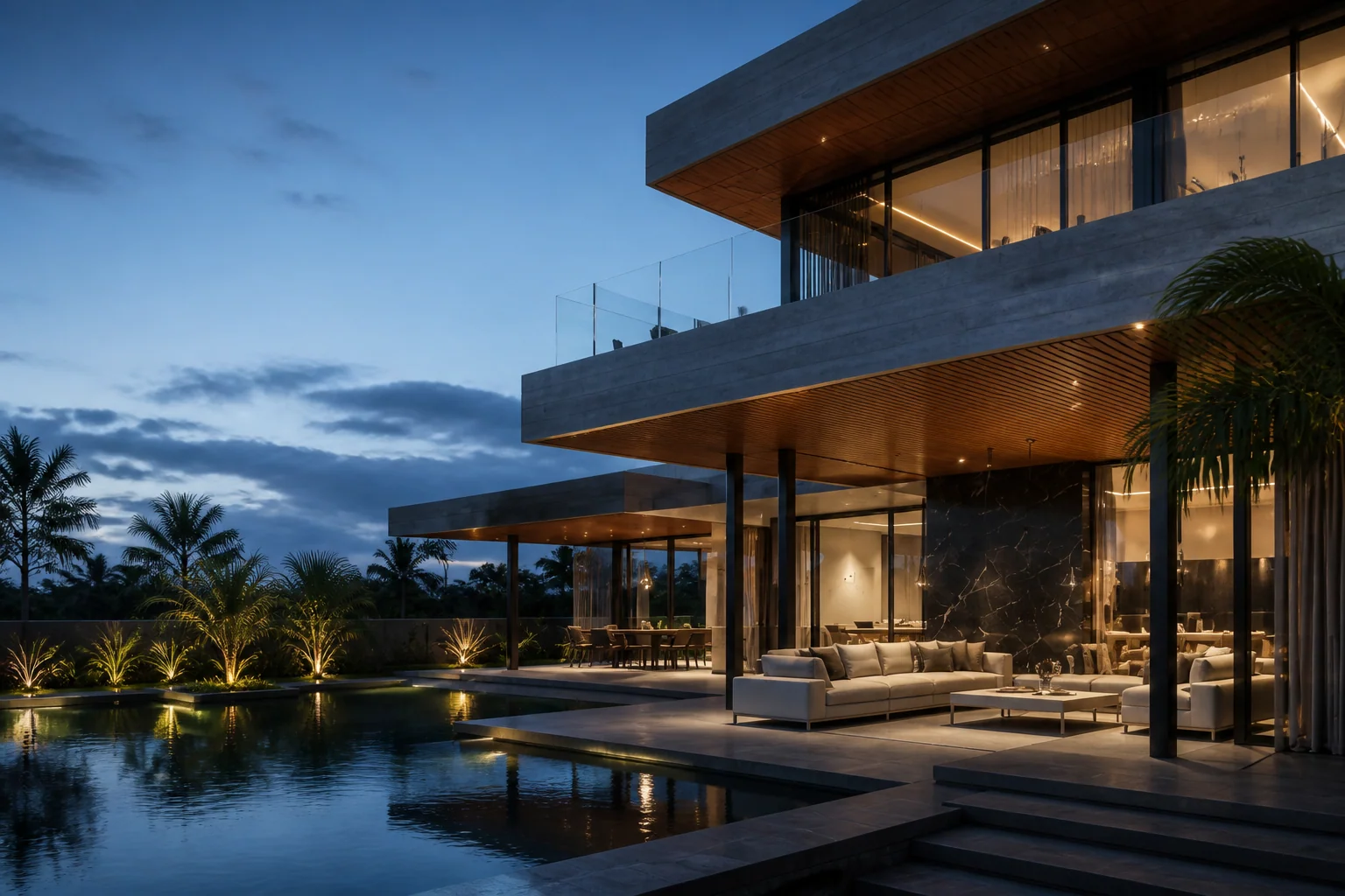 A contemporary residence with a cantilevered timber soffit, lit terrace and reflecting pool at dusk